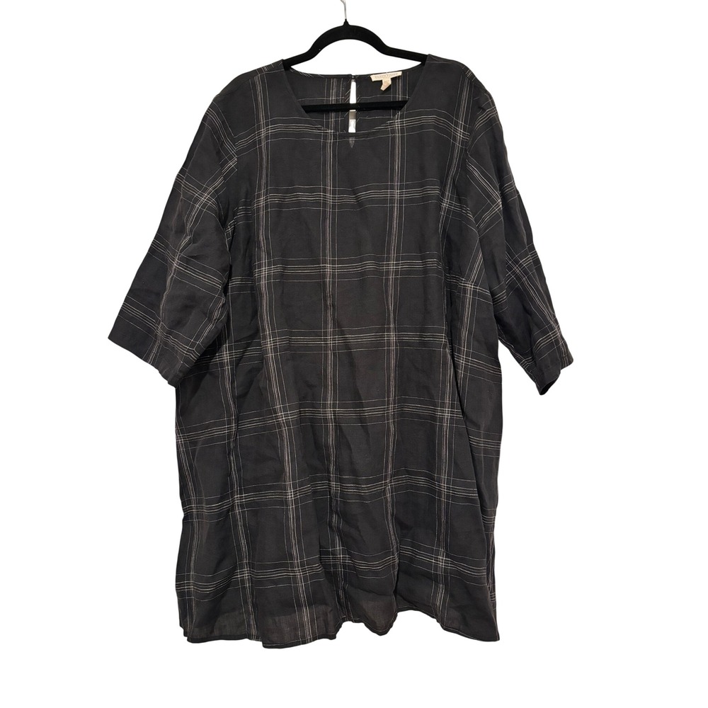 Eileen Fisher Woman sz 3X linen 3/4 sleeve black plaid shift dress OO